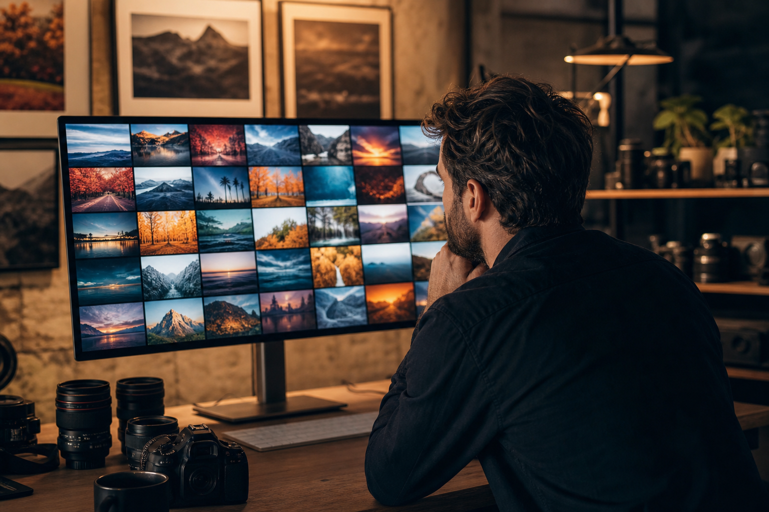A photographer searching a large photo library