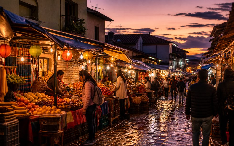 A street market at dusk
