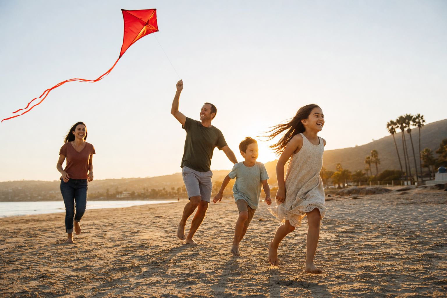 A family flying a red kite on the beach at sunset