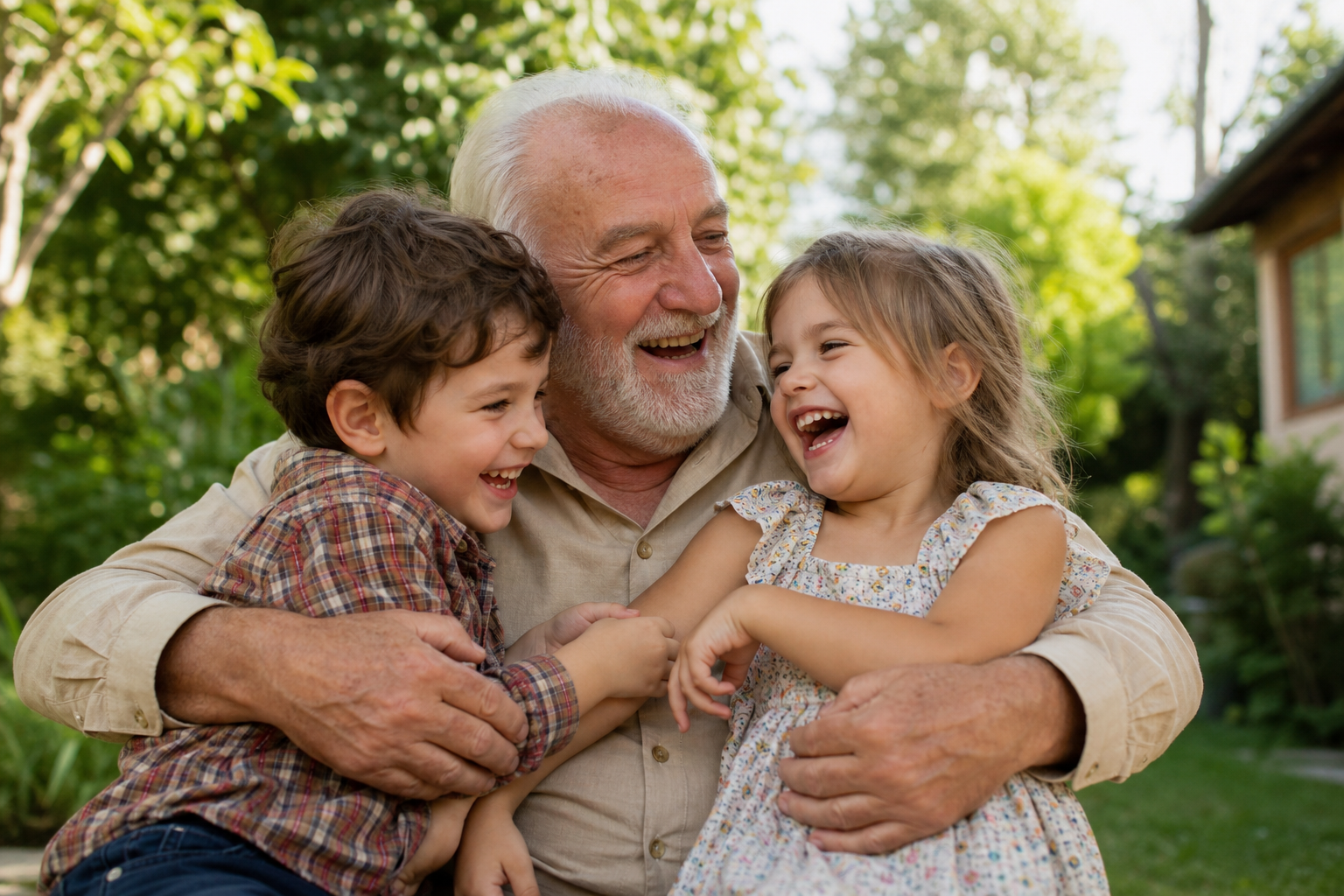A grandfather laughing in the garden with his grandchildren