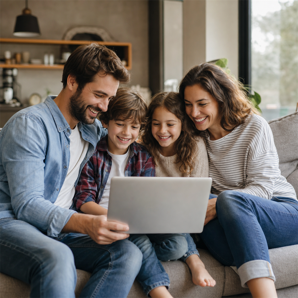 A family at home browsing their photos together on a laptop