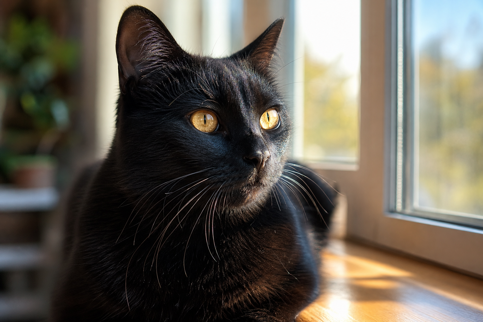 A black cat with golden eyes on a windowsill