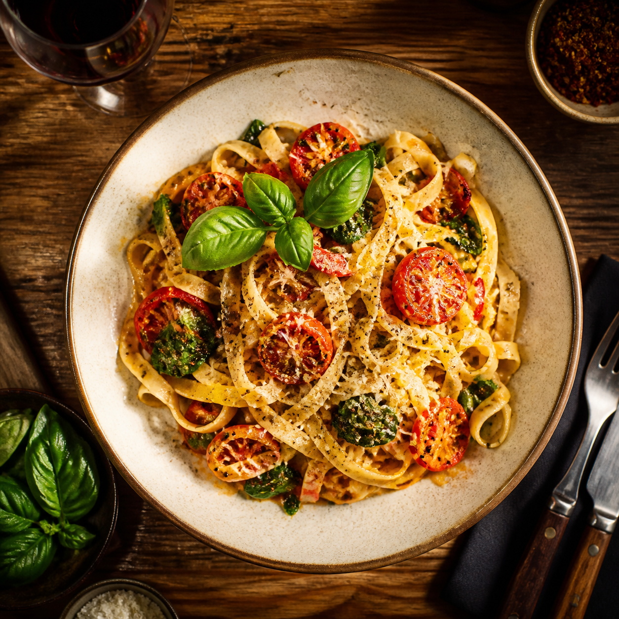 A colourful pasta dish, found by what it is