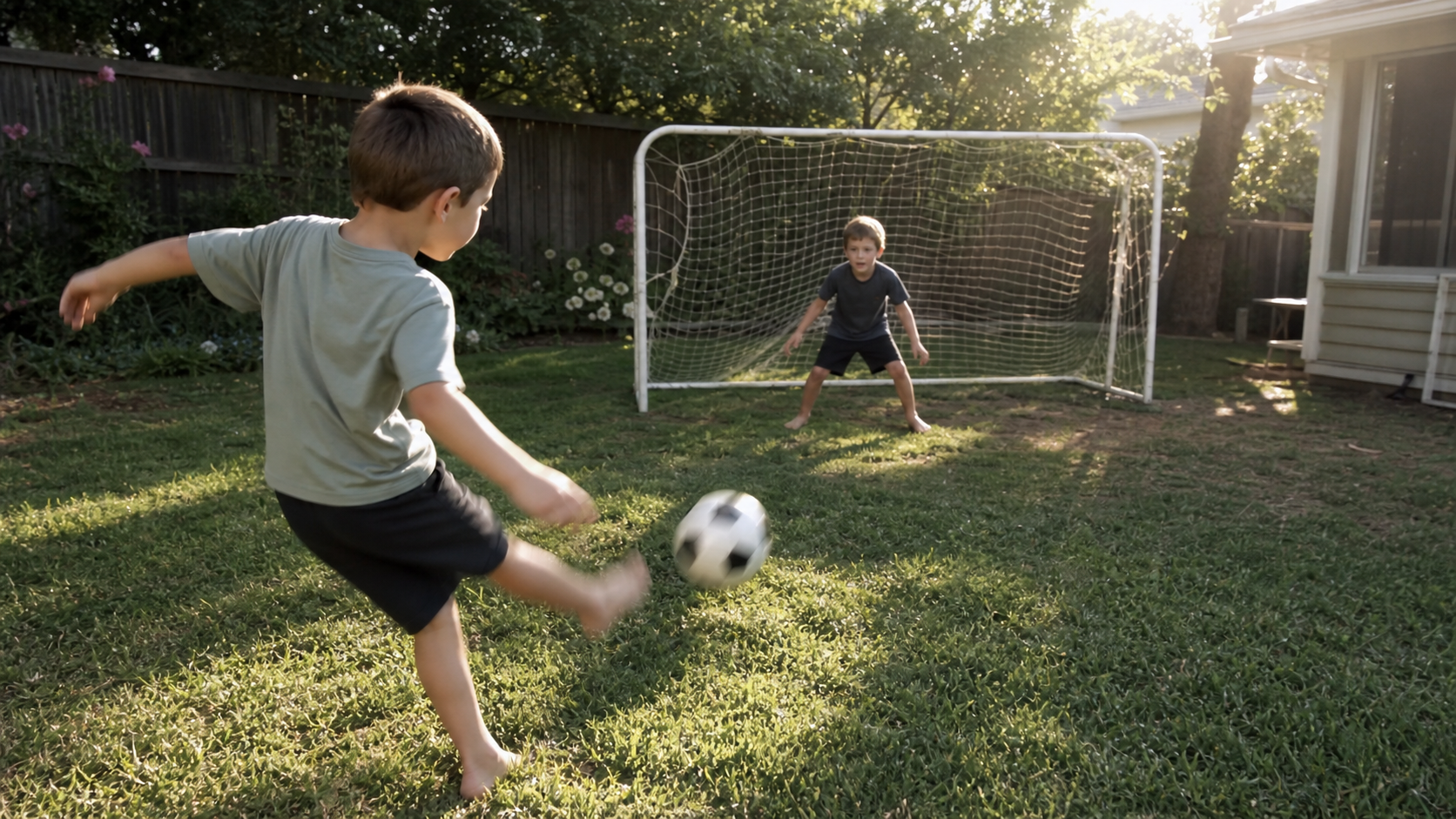 A still from a home video of a child scoring a goal