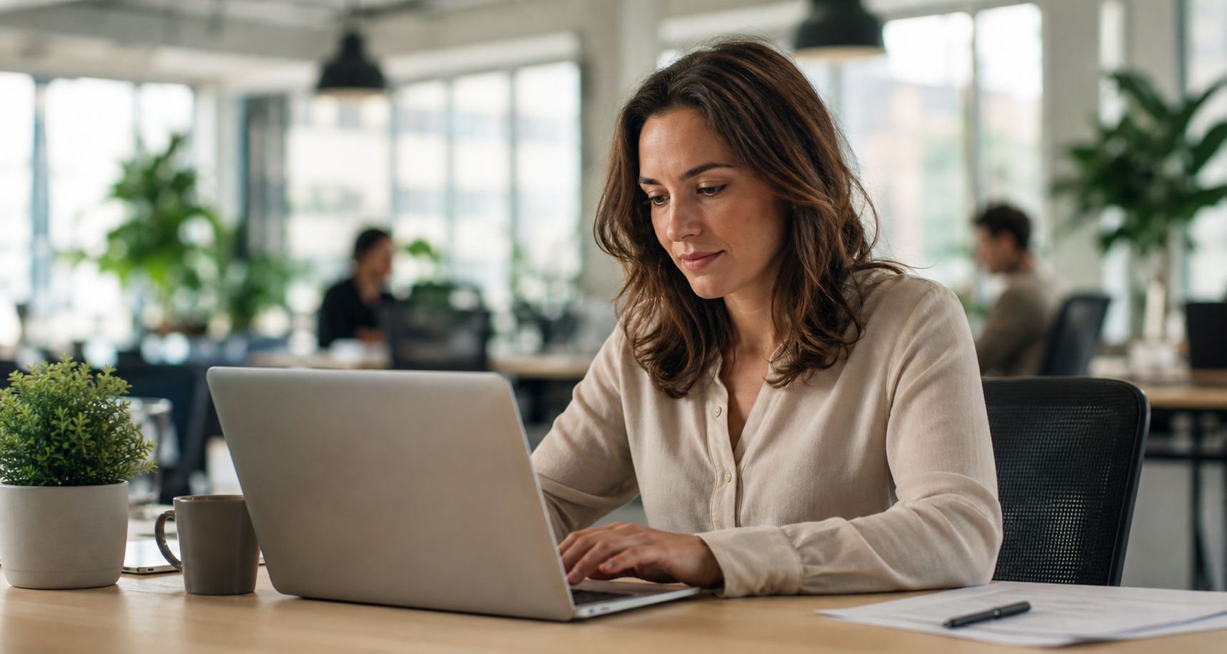 A professional finding a document on a laptop